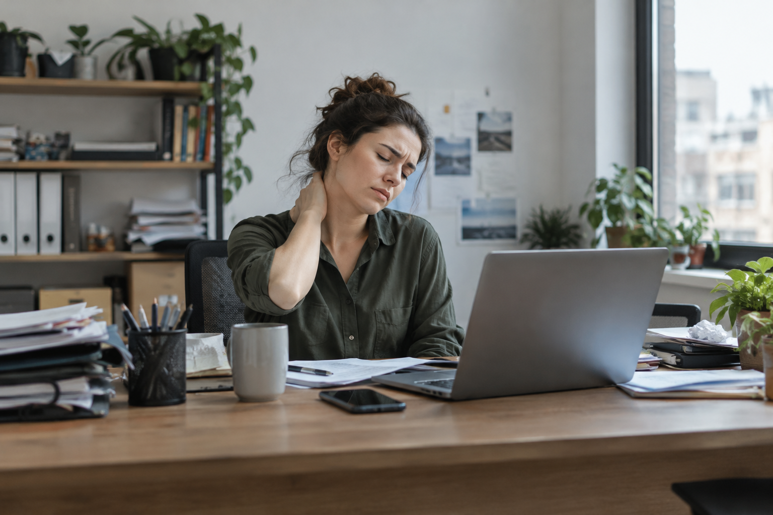 A tired professional sitting at their desk, rubbing their neck in discomfort.