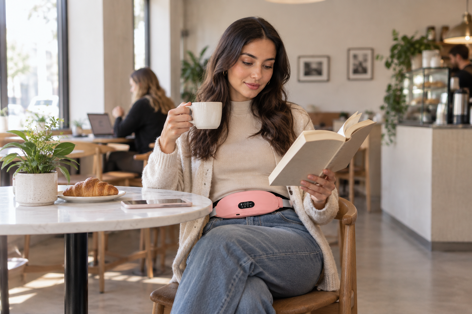 A busy professional in an office setting, wearing discreet comfort gear while attending a meeting.