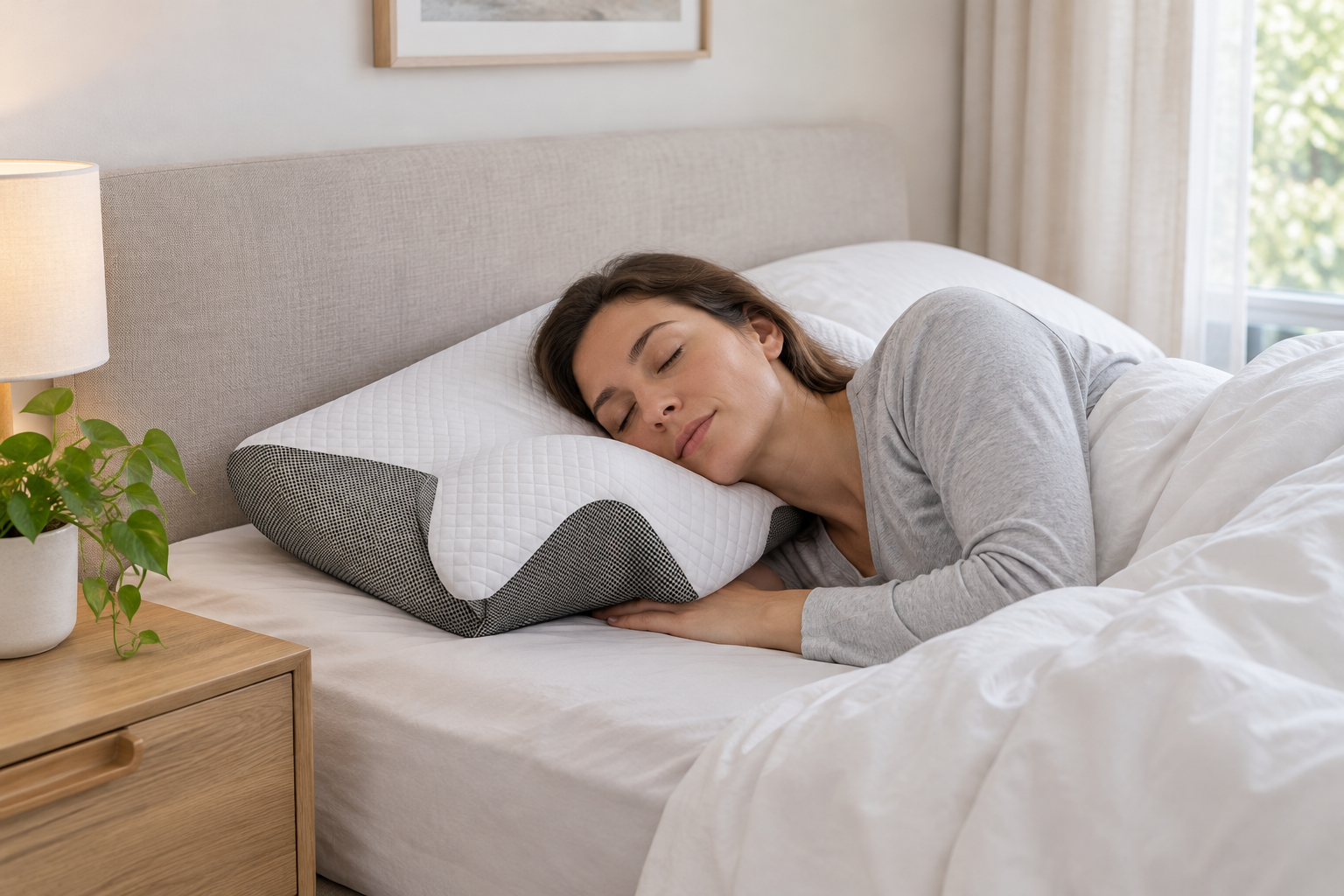 A cozy bedroom scene with a neatly made bed and a pillow prominently displayed.