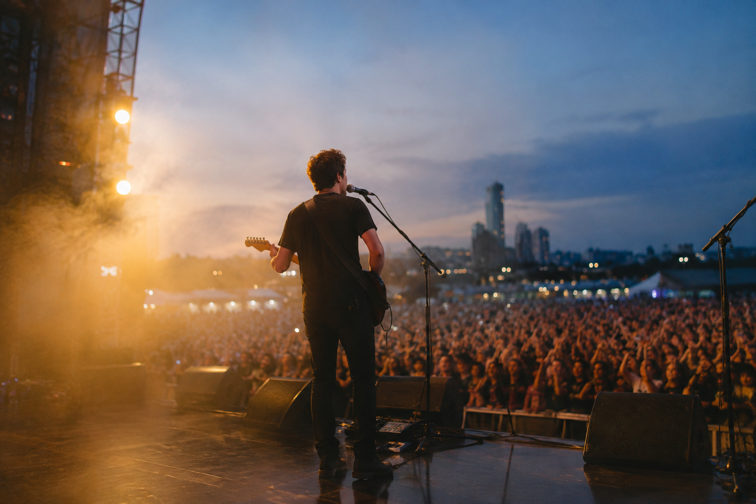 A live music gig with an artist performing and engaging with the audience.