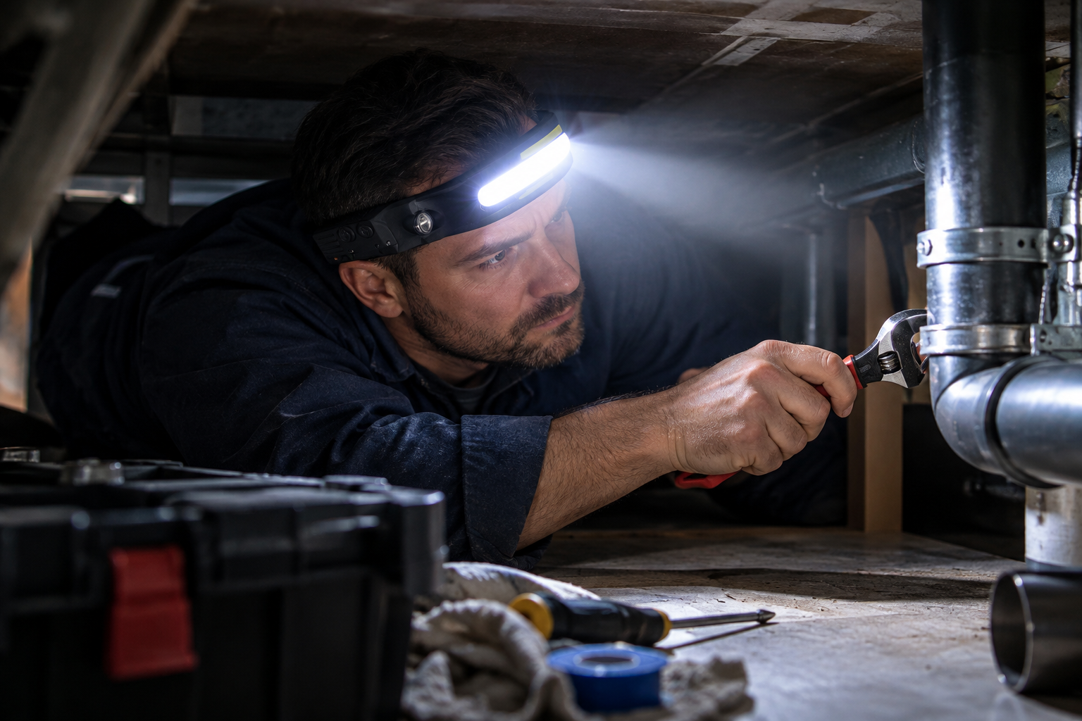 Een vakman gebruikt de hoofdlamp terwijl hij aan een project werkt in een donkere omgeving.