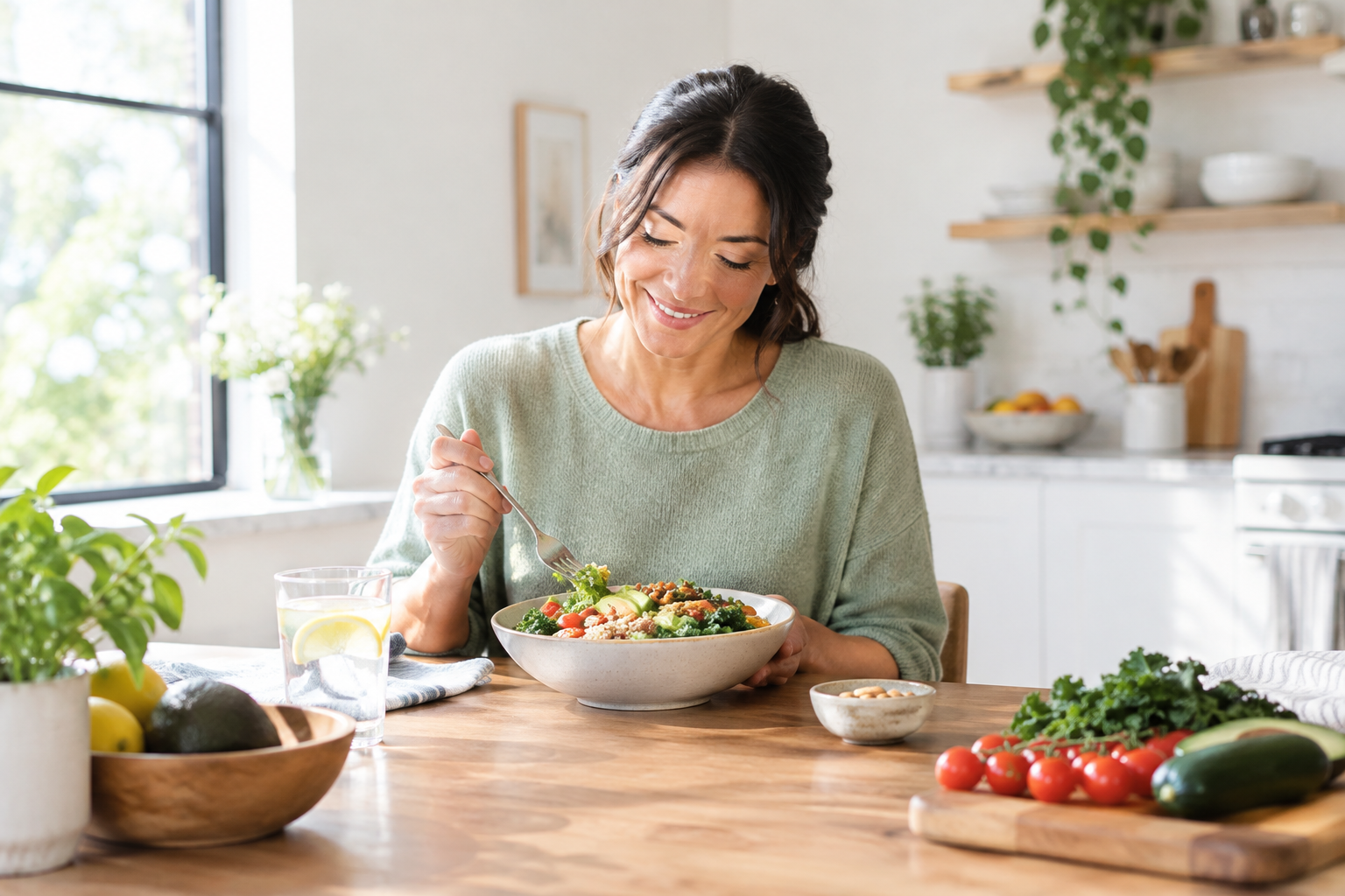 A serene kitchen setting where a person is preparing a balanced meal, symbolizing a commitment to gut health