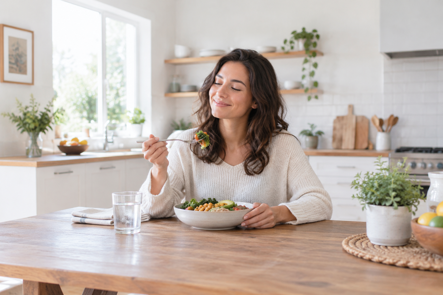 A health-conscious adult enjoying a meal without discomfort, radiating positivity and wellness