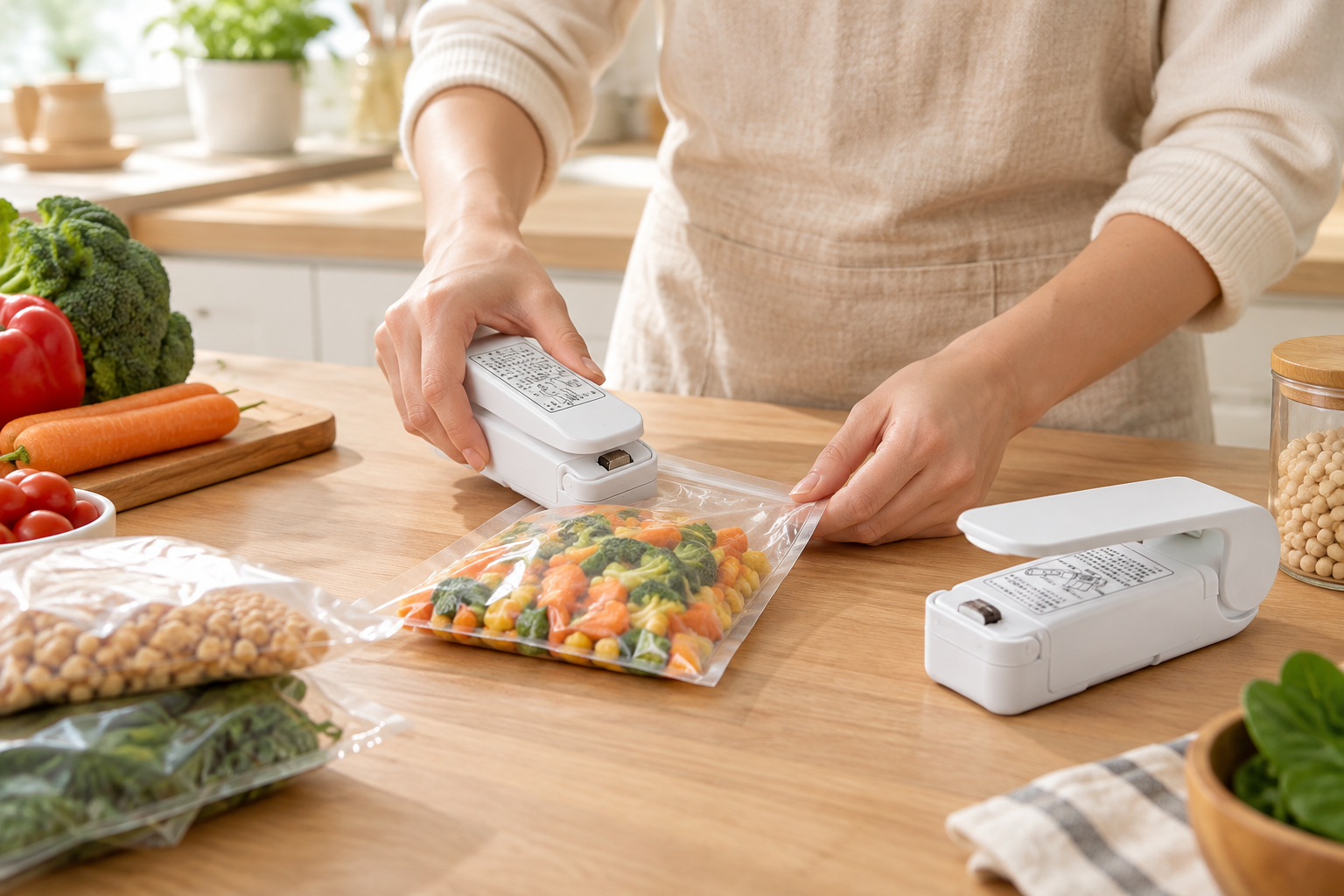 An overview of the food sealing process with bags and a sealing machine in action.
