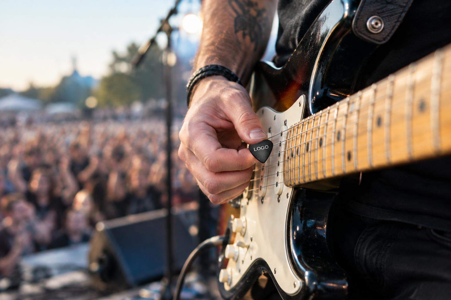 Close-up of a guitarist using a custom logo guitar pick on stage.