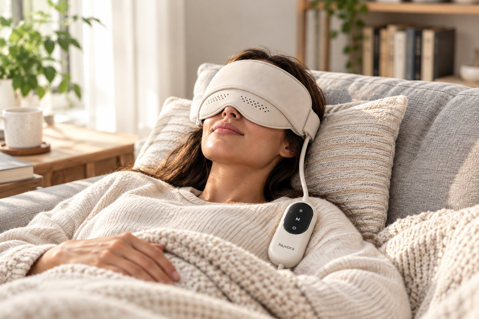 Close-up of the Nuvora™ Headache Relief Headset being worn by a user while they rest comfortably.