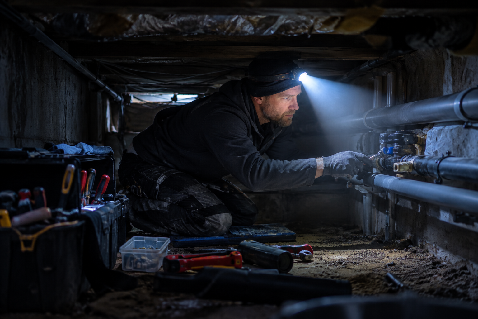 Een professionele vakman werkt in een donkere, krappe ruimte met een hoofdlamp die een brede lichtstraal biedt.